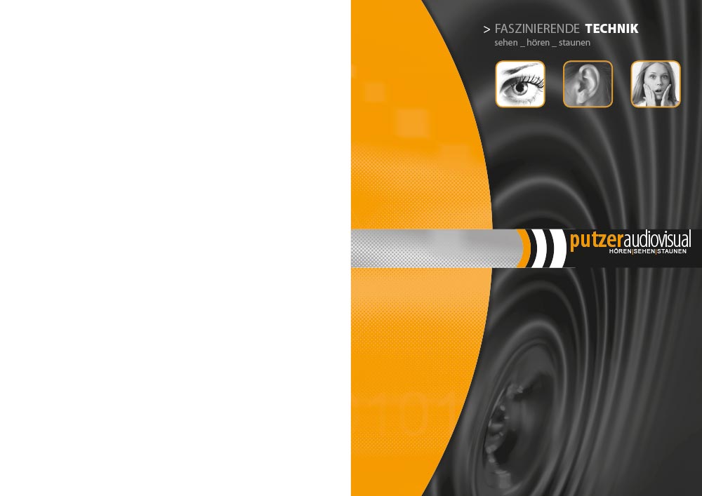 Grafische Gestaltung Prospekt Firma Putzer Audiovisual Bruneck Südtirol: Beschallungstechnik, MP3 Musiksysteme, Multi Room Audio, Home Cinema, Medientechnik, Digital Signage