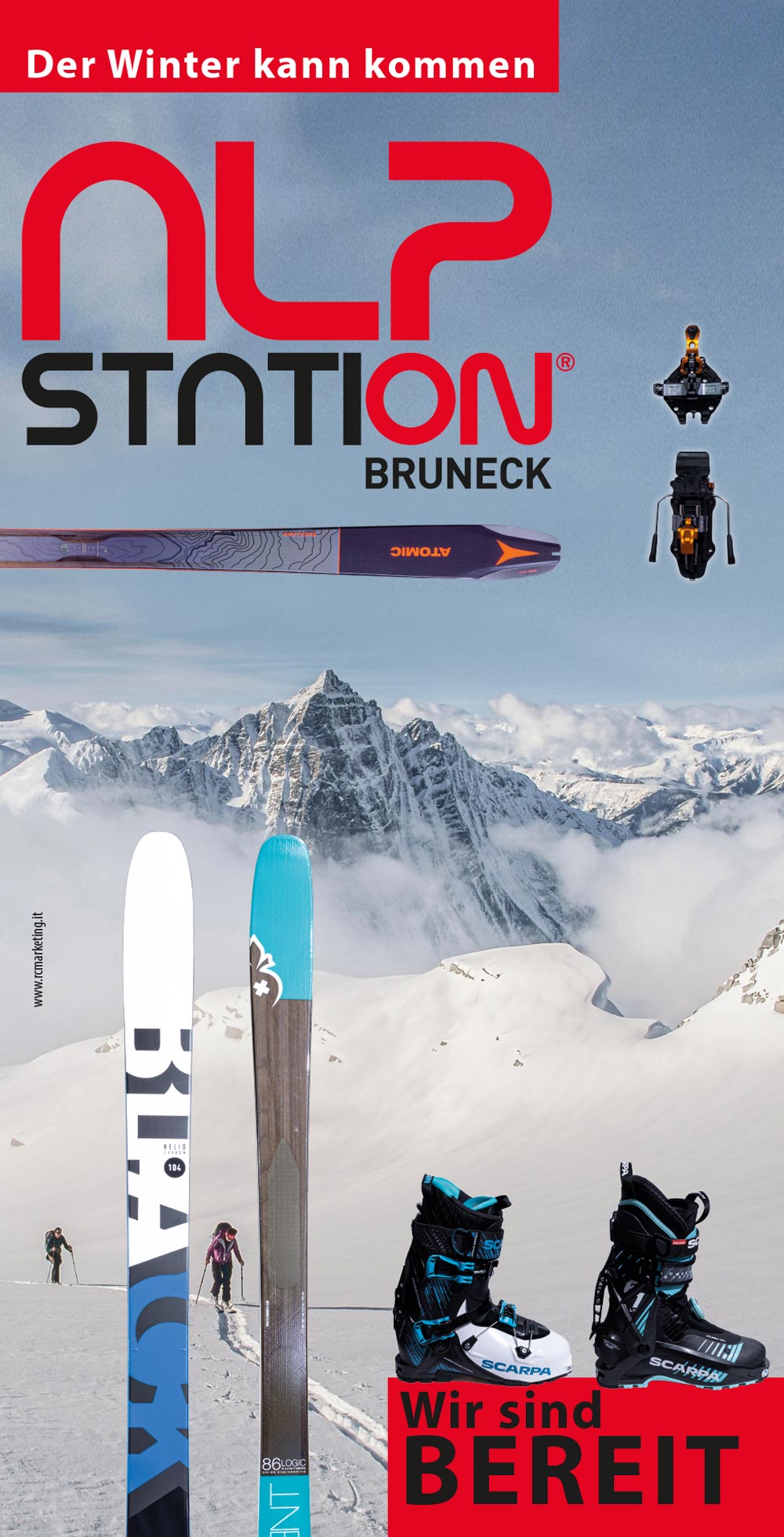 Grafische Gestaltung Plakat Alpstation Bruneck Südtirol, Ausverkauf Skitourensets