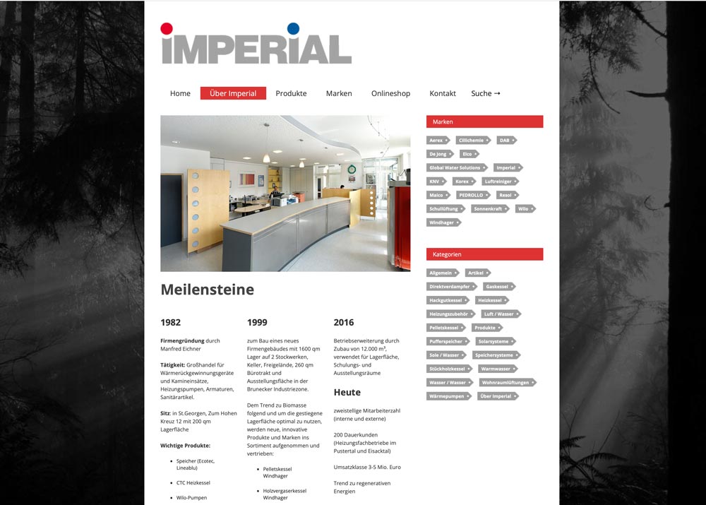 Grafische Gestaltung der Webseite Firma Imperial Bruneck Südtirol: Speicher, Wärmepumpen, Heizkessel